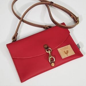 MEANWHILE BACK ON THE FARM RED LEATHER ENVELOPE CLUTCH AND CROSSBODY BAG